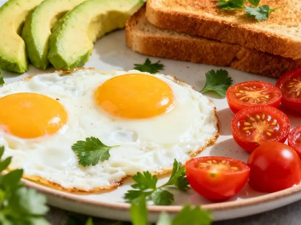 Two fried eggs with sliced avocado, toast and cherry tomatoes