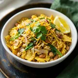 Kanda poha with peanuts, sev, coriander and a lemon wedge
