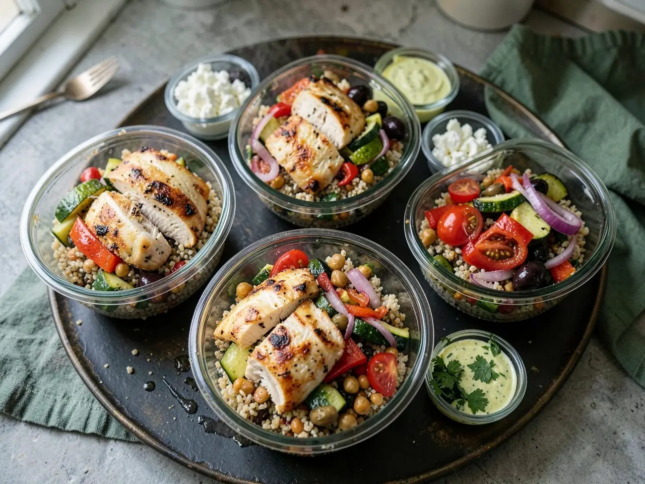 Mediterranean chicken and quinoa meal-prep bowls with roasted vegetables, feta and olives