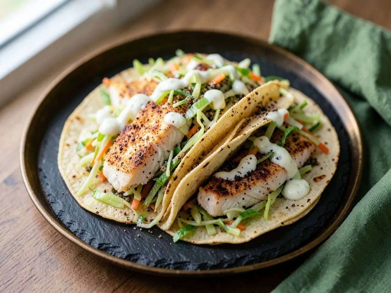 Zesty Fish Tacos with Lime Slaw, ready to serve