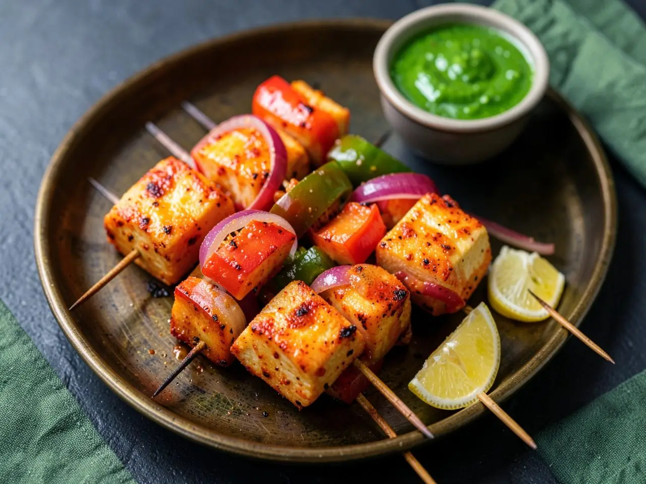 Oven paneer tikka skewers with capsicum, onion, mint chutney and lemon