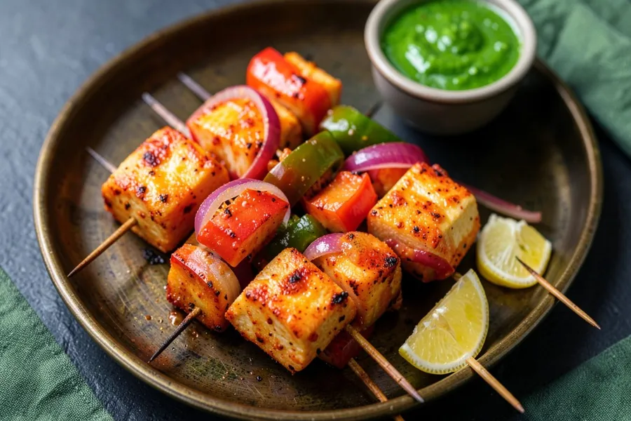 Oven paneer tikka skewers with capsicum, onion, mint chutney and lemon