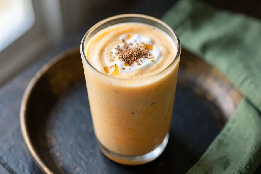 Mango Lassi with Cardamom, served in a glass