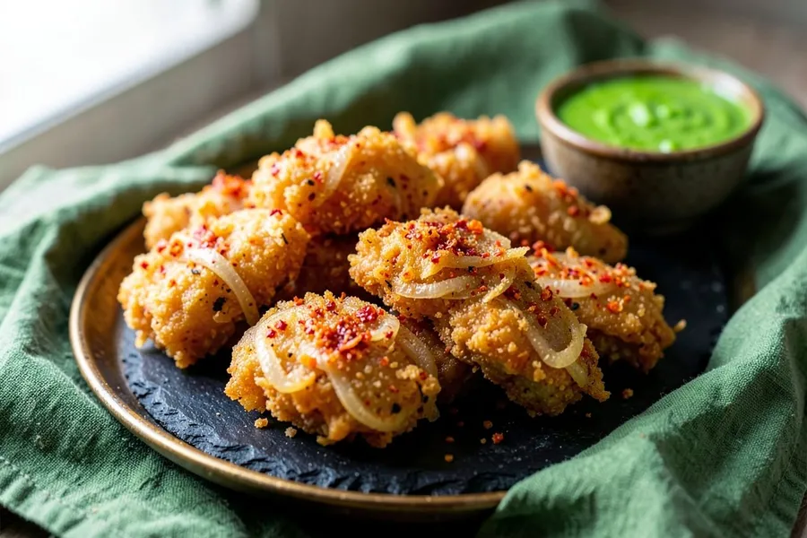 Crisp onion pakoras with a bowl of green mint chutney
