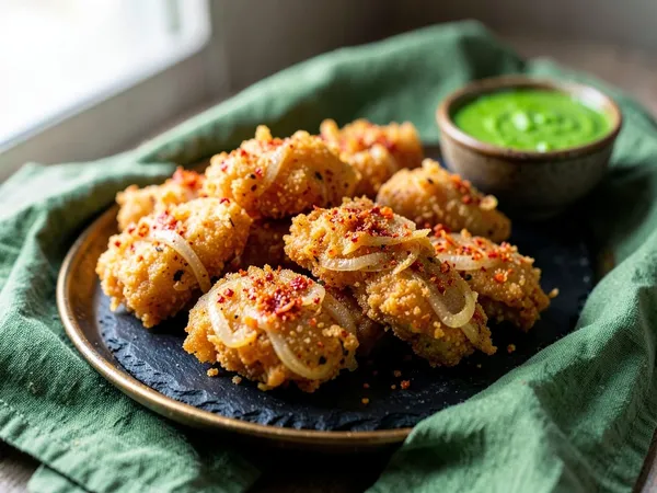 Crisp onion pakoras with a bowl of green mint chutney