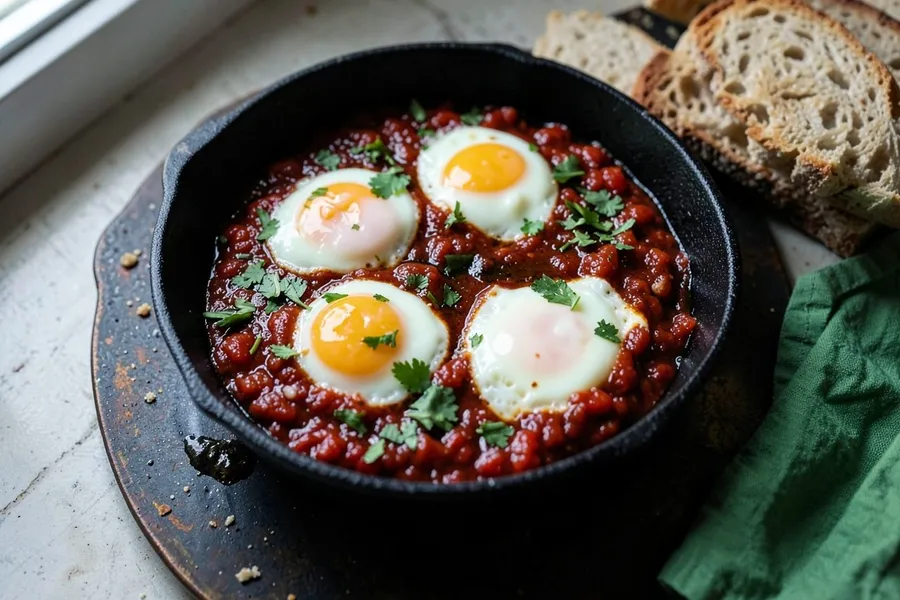 Shakshuka in a cast-iron skillet with parsley and crusty bread