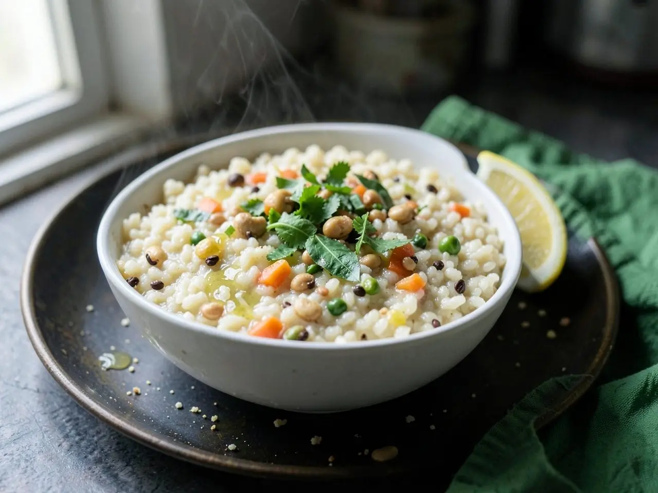 A bowl of rava upma with cashews, curry leaves and a lemon wedge