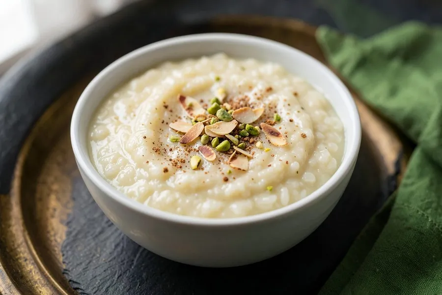 A small bowl of creamy rice kheer with almonds and pistachios