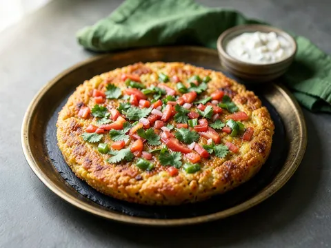 A rava uttapam topped with onion, tomato and capsicum, with coconut chutney