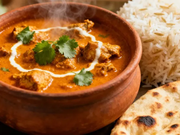 Chicken curry with a swirl of cream in a clay pot, with basmati rice and naan