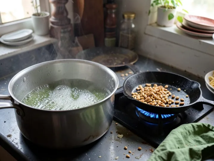 Step 1 of Classic Basil Pesto Pasta: Bring the water and 2 teaspoons of salt to a rolling boil in a large pot
