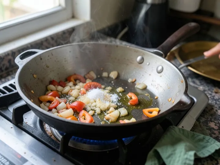 Step 1 of Shakshuka (Eggs in Spiced Tomato Sauce): Heat the oil in a 26 to 28 cm deep