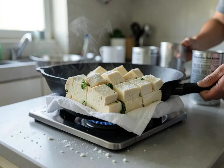 Step 1 of Crispy Tofu and Broccoli Stir-Fry: Drain the tofu
