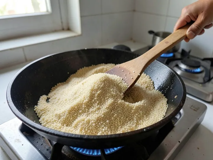 Step 1 of Rava Upma (South Indian Semolina Upma): Dry-roast the rava in a wide