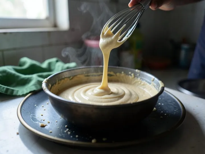Step 2 of Besan Chilla (Savoury Gram Flour Pancakes): Pour in 170 ml of the water gradually while whisking