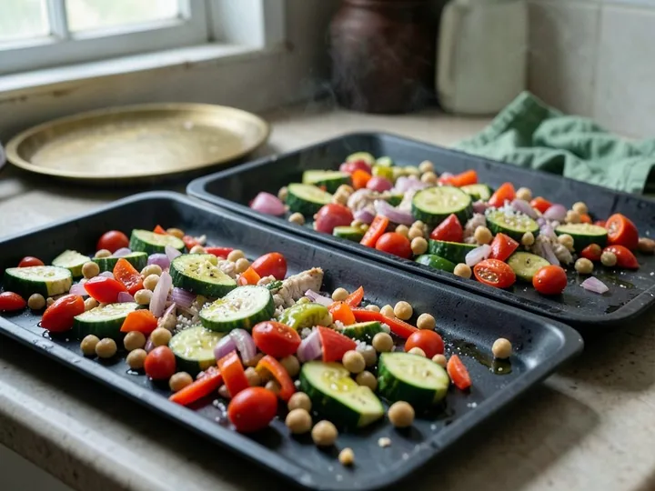 Step 2 of Mediterranean Chicken Bowl Meal Prep: Heat the oven to 220 °C (200 °C fan)