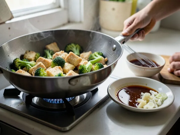 Step 2 of Crispy Tofu and Broccoli Stir-Fry: Whisk the soy sauce
