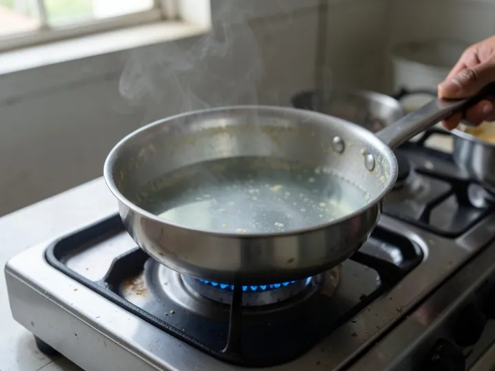 Step 2 of Rava Upma (South Indian Semolina Upma): Heat the 450 ml of water in a kettle or small pan until steaming hot