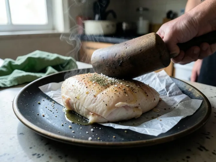 Step 2 of Grilled Chicken Cobb Salad: Put the chicken between sheets of baking paper and pound the thick end until it is an even thickness of about 2 cm