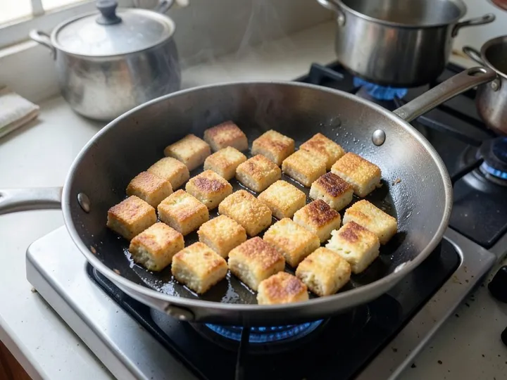 Step 3 of Crispy Tofu and Broccoli Stir-Fry: Heat 2 tablespoons oil in a large non-stick or carbon-steel pan over medium-high heat for 1 minute until it shimmers
