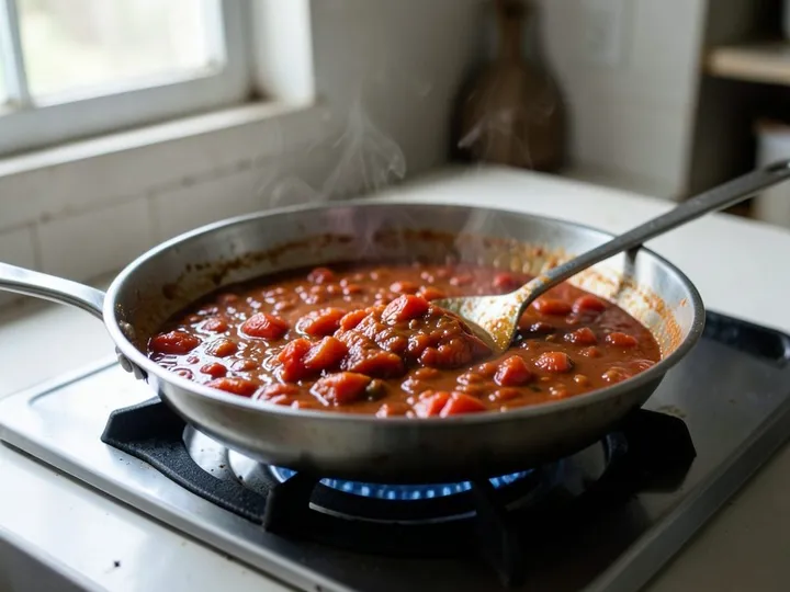 Step 3 of Shakshuka (Eggs in Spiced Tomato Sauce): Pour in the tomatoes and add the remaining salt