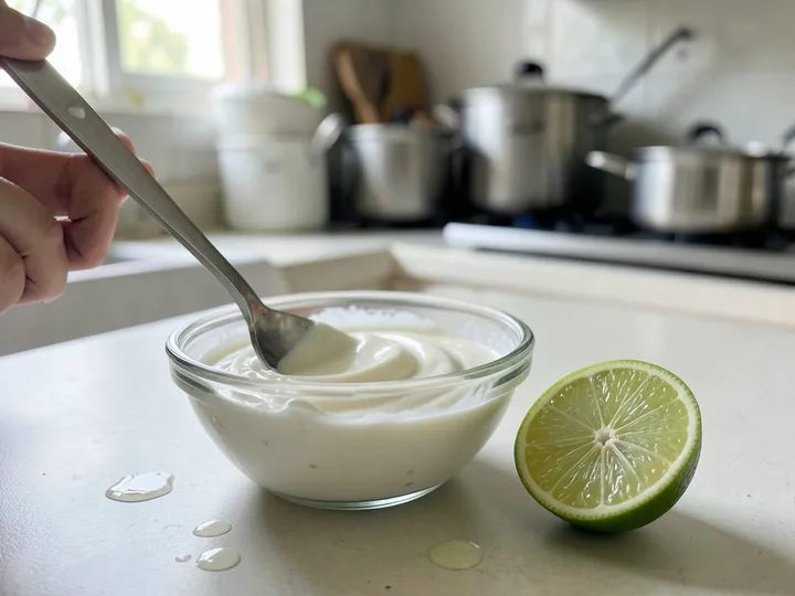 Step 3 of Zesty Fish Tacos with Lime Slaw: Stir the sour cream with 2 teaspoons lime juice and a pinch of salt until smooth