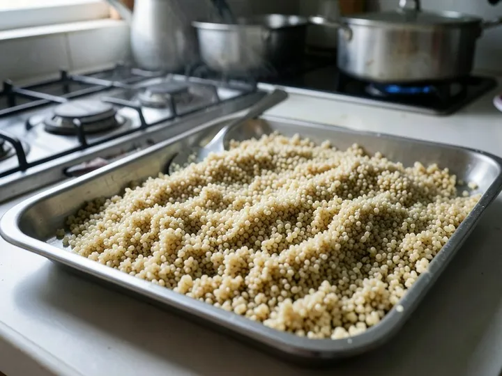 Step 3 of Quinoa Chickpea Salad with Lemon Dressing: Take the pan off the heat and leave it covered for 5 minutes
