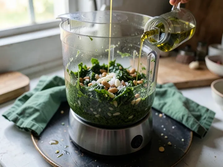 Step 3 of Classic Basil Pesto Pasta: Pulse the basil