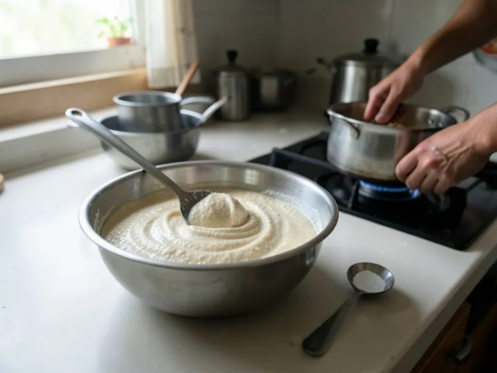 Step 3 of Rava Uttapam (Instant Semolina Uttapam): Stir the baking soda into the rested batter gently