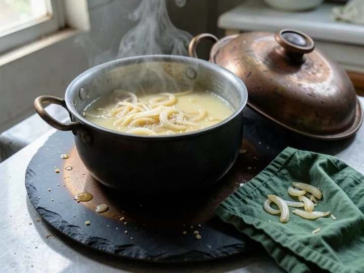 Step 4 of Mutton Yakhni Pulao (Home-Style): Heat the ghee in a heavy 3 to 4 litre pot over medium heat