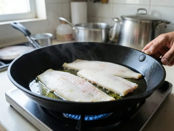 Step 4 of Zesty Fish Tacos with Lime Slaw: Heat the oil in a large non-stick or cast-iron pan over medium-high heat for 1 minute until it shimmers