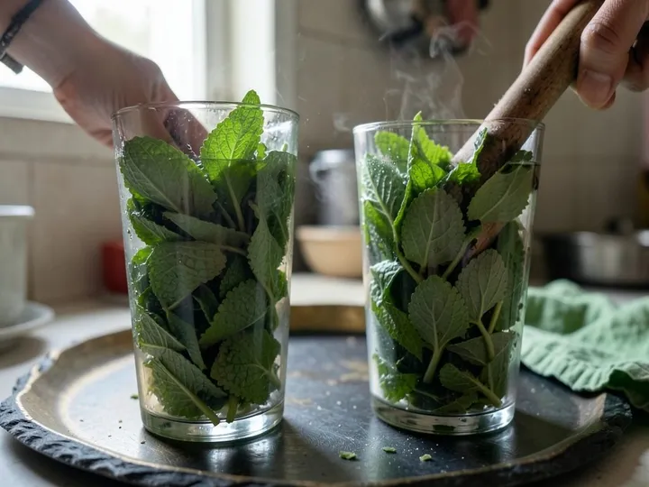 Step 4 of Watermelon Mint Mocktail: Divide the mint between 2 tall glasses and press it gently with a muddler or the back of a spoon