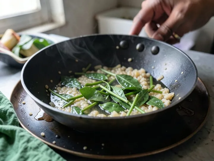 Step 4 of Kanda Poha (Maharashtrian Onion Poha): Add the curry leaves and green chillies and stir for about 10 seconds