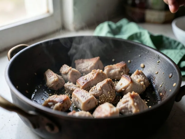 Step 5 of Mutton Yakhni Pulao (Home-Style): Add the cumin seeds and the mutton and fry for 3 to 4 minutes until lightly browned