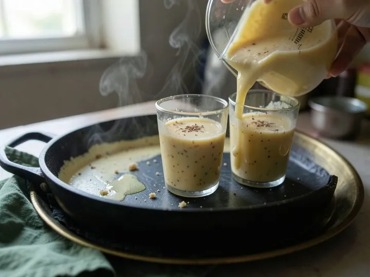 Step 5 of Mango Lassi with Cardamom: Pour into 2 chilled glasses